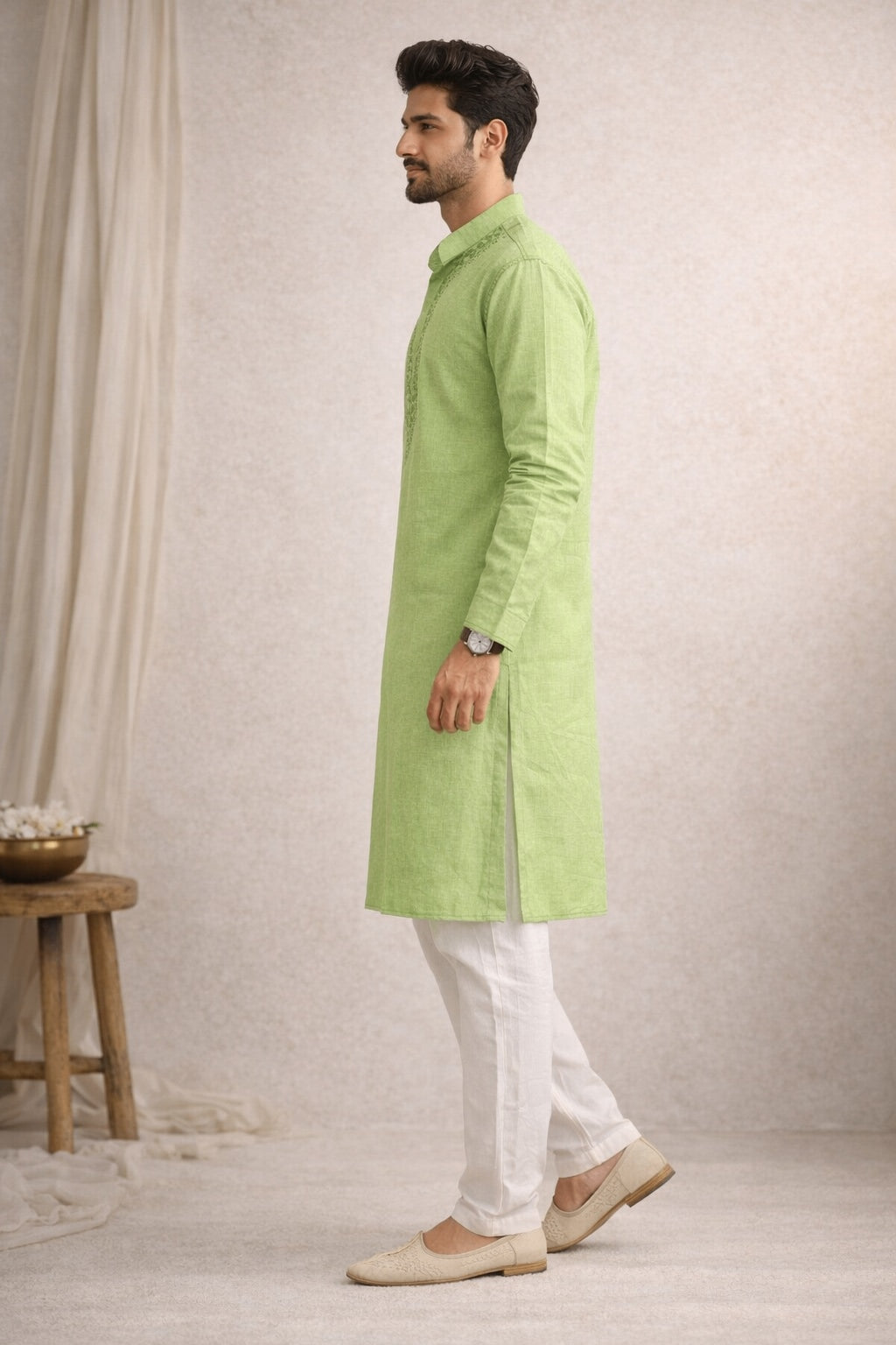 Karigiri Green Chikankari Pure Cotton Men's Kurta_KF0035