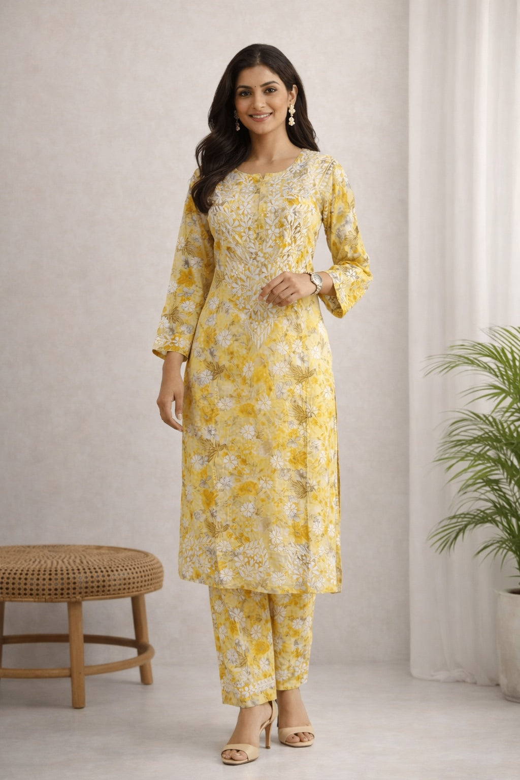 Karigiri Yellow Floral Lucknowi Chikankari Long Calf Length Kurti Set (Kurti with Same Pant), Hand Embroidered Printed Cotton, Straight Fit, Three-Quarter Sleeves, Round Neck