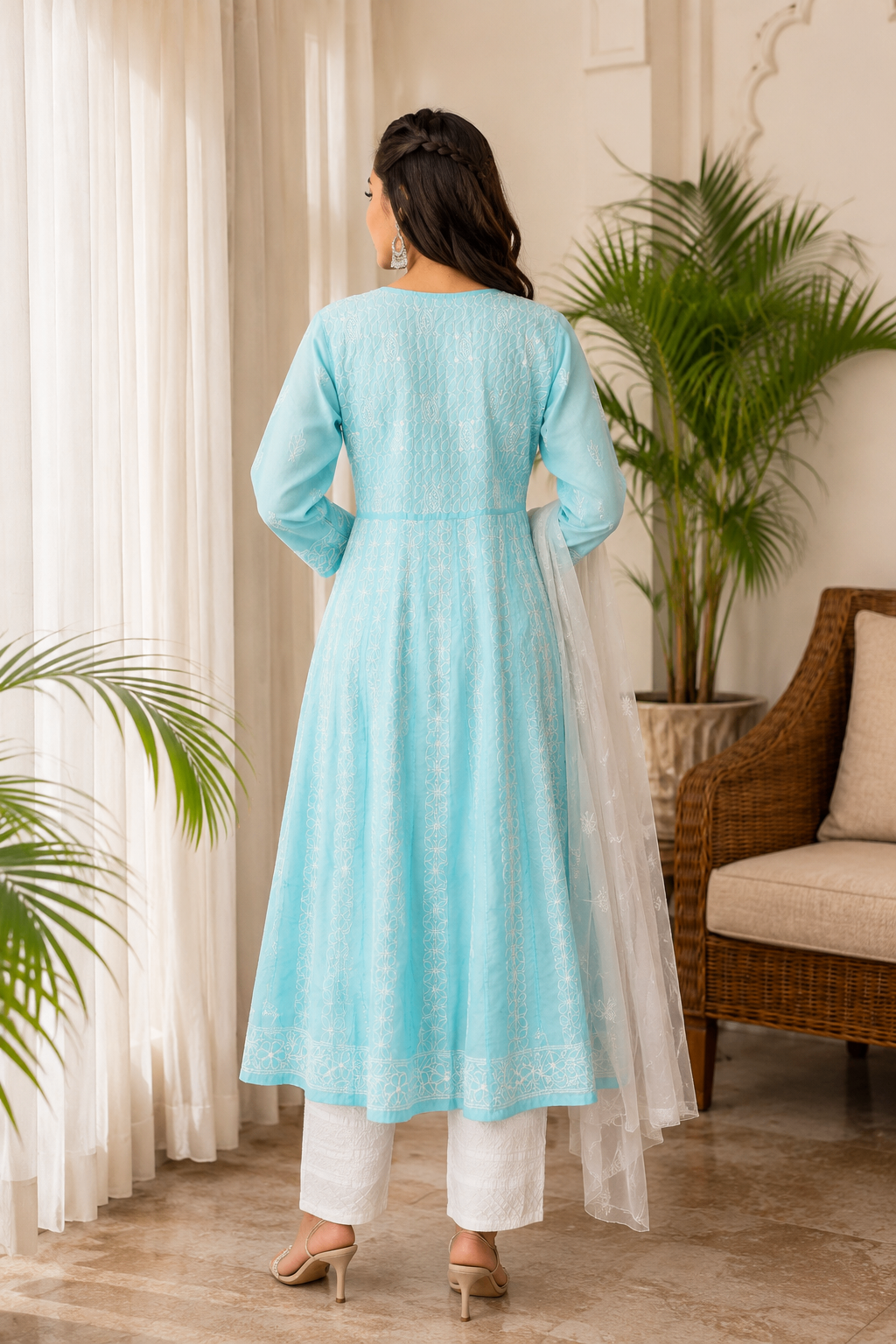 Karigiri Sky Blue Hand Embroidered Chikankari Cotton Anarkali Kurti