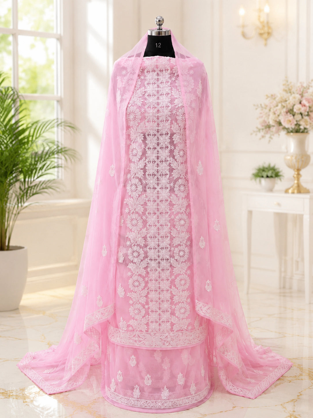 Karigiri Baby Pink Hand Embroidered Georgette 3-Piece Set_AFG060