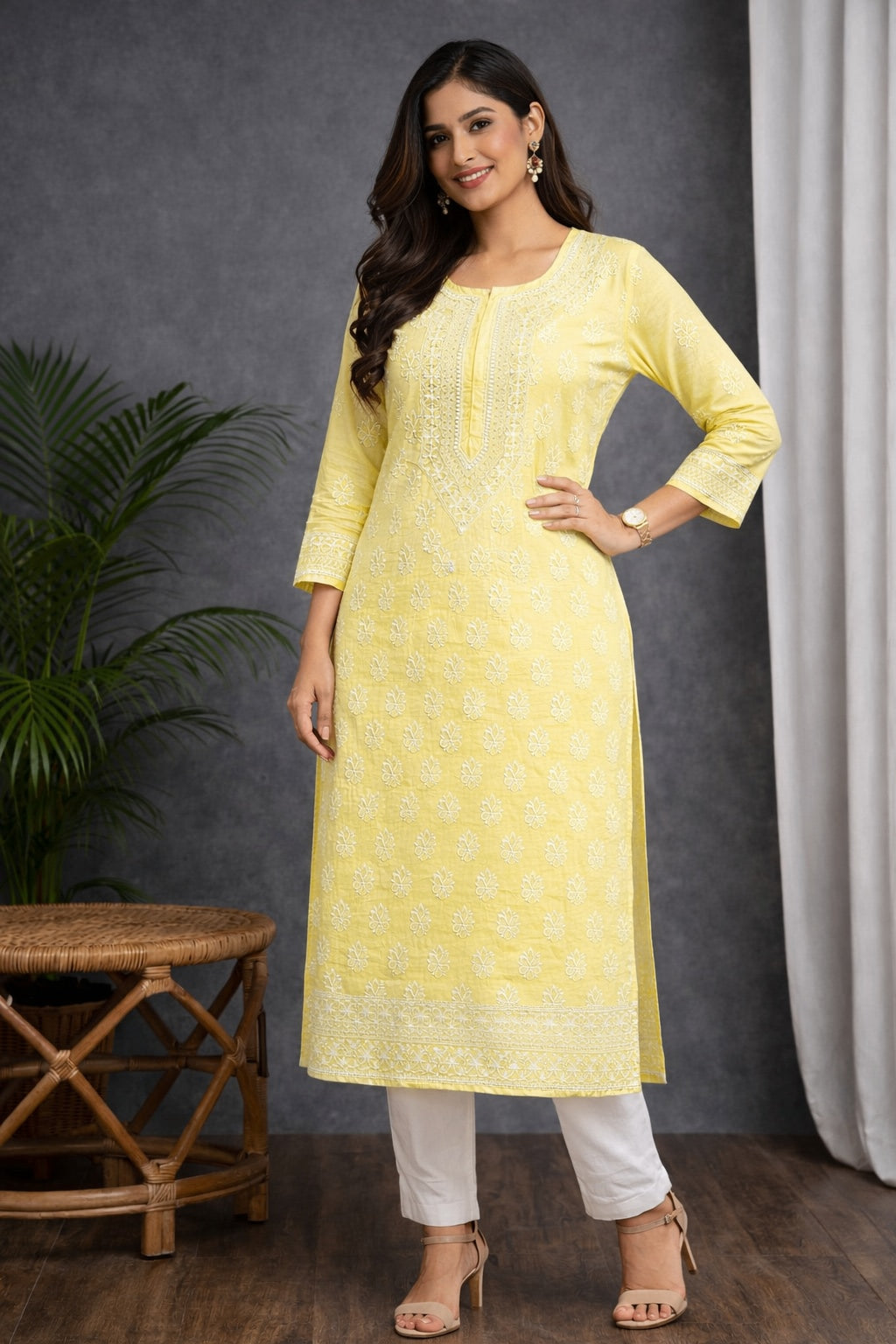 Karigiri Women’s Pure Soft Cotton Kurti, Lemon Yellow with Lucknowi Chikankari Embroidery, Straight Fit, Round Neck, 3/4 Sleeves