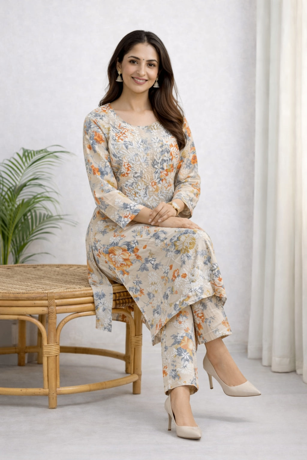 Karigiri Beige Lucknowi Chikankari Kurti Set_KF0006