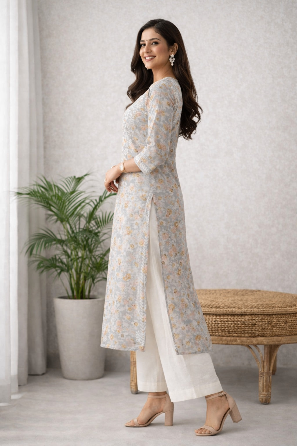 Karigiri Grey Chikankari Floral Printed Cotton Long Kurti_KF0039