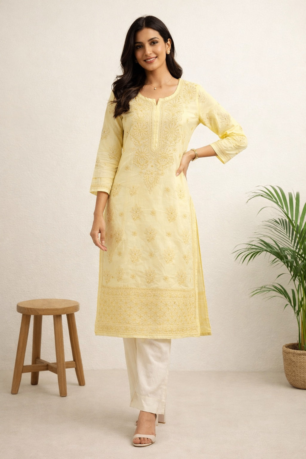Karigiri Soft Yellow Chikankari Cotton Kurti_KF0094
