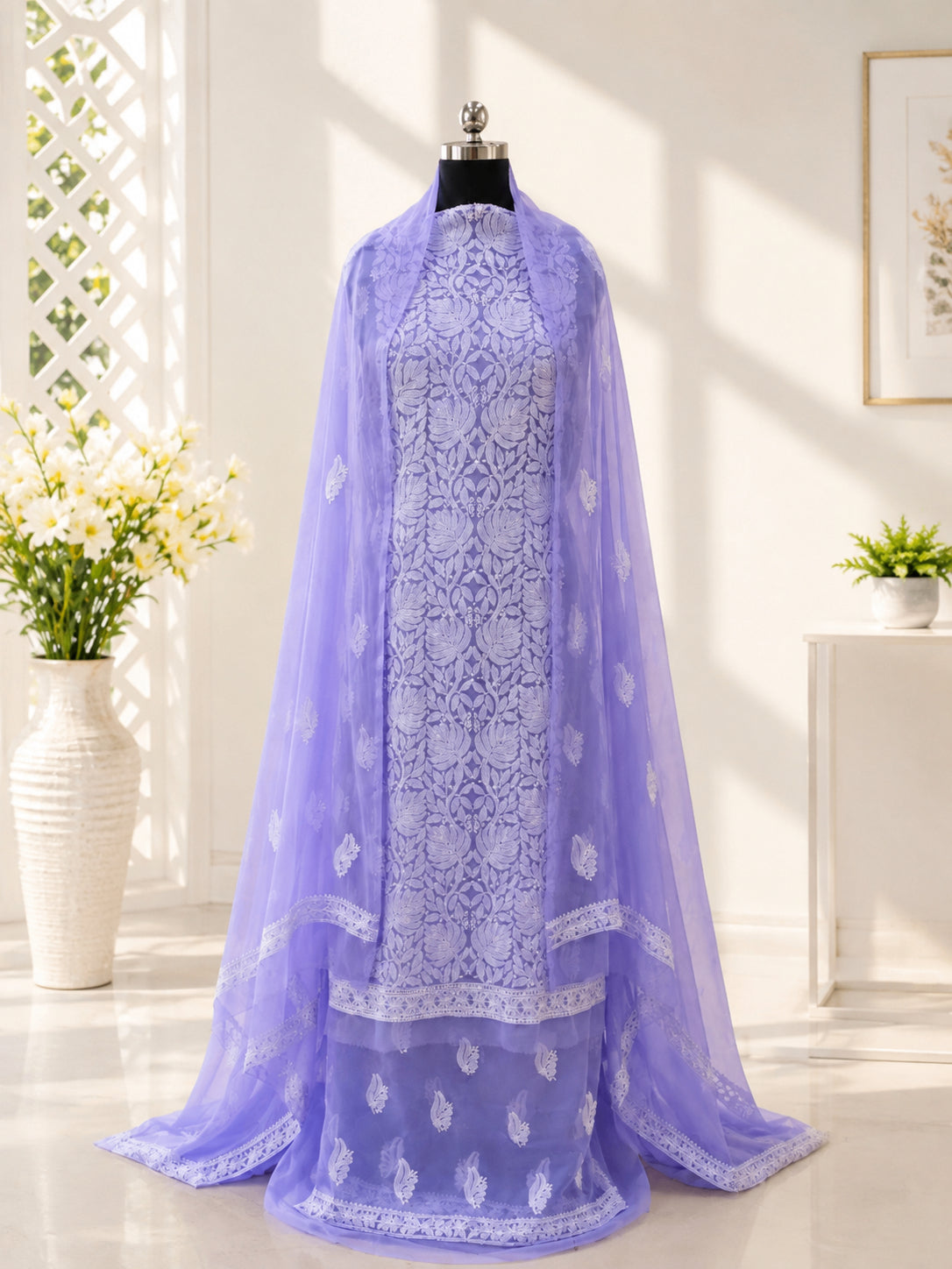 Karigiri Lavender Hand Embroidered Georgette Chikankari Set_AFG032