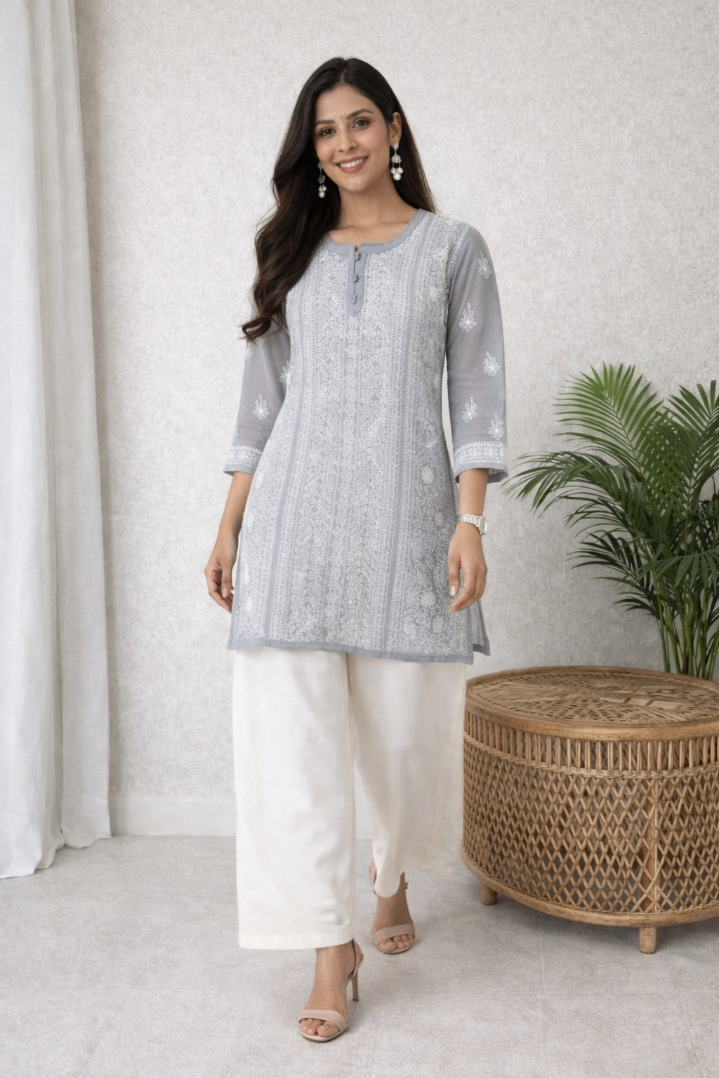 Karigiri Grey Georgette Chikankari Short Kurti_KF0043