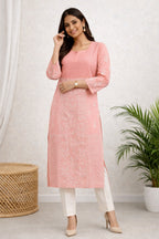Karigiri Peach Lucknowi Chikankari Cotton Kurti_KF0049