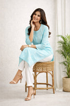 Karigiri Sky Blue Chikankari Cotton Kurti_KF0190