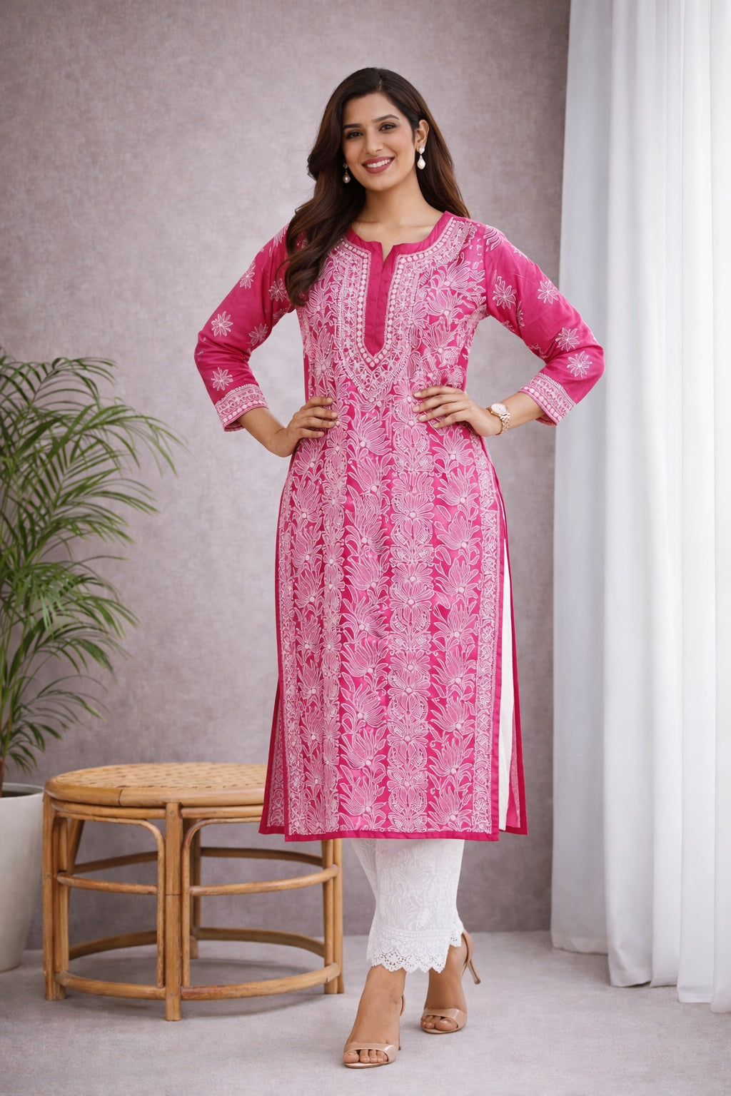 Karigiri Rani Pink Chikankari Georgette Kurti_KF0069