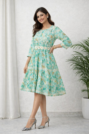 Karigiri Turquoise Blue Floral Printed Cotton Chikankari Frock Kurta_KF0160