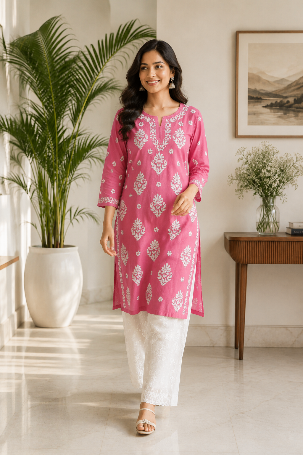 Karigiri Rose Pink Chikankari Mulmul Cotton Kurti_KF0169