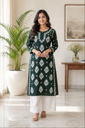 Karigiri Dark Green Chikankari Mulmul Cotton Kurti_KF0029