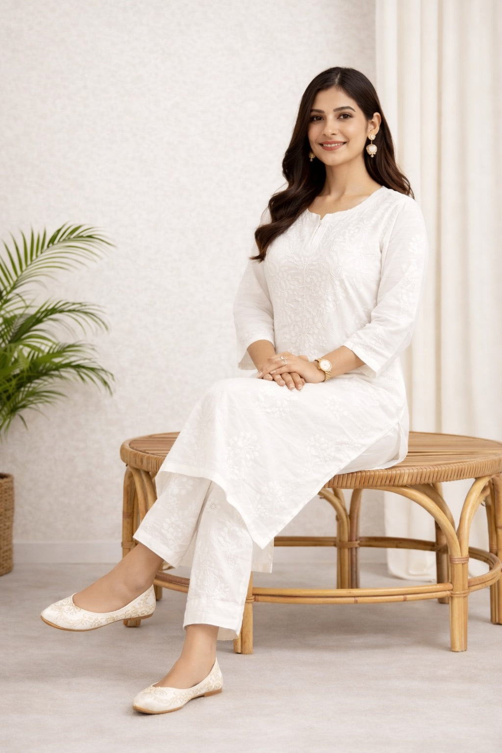 Karigiri White Floral Chikankari Cotton Kurti Set_KF0026