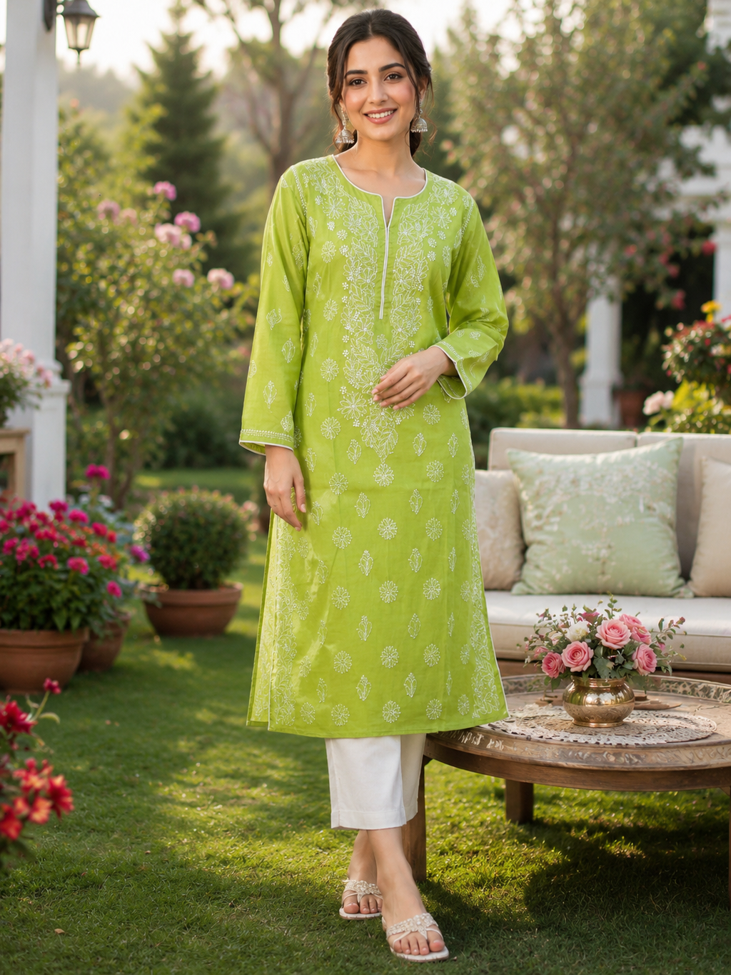 Karigiri Lime Green Chikankari Rayon Cotton Kurti for Women
