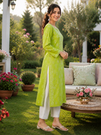Karigiri Lime Green Chikankari Rayon Cotton Kurti for Women