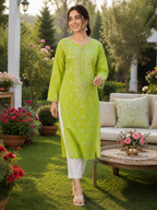Karigiri Lime Green Chikankari Rayon Cotton Kurti for Women