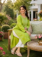 Karigiri Lime Green Chikankari Rayon Cotton Kurti for Women