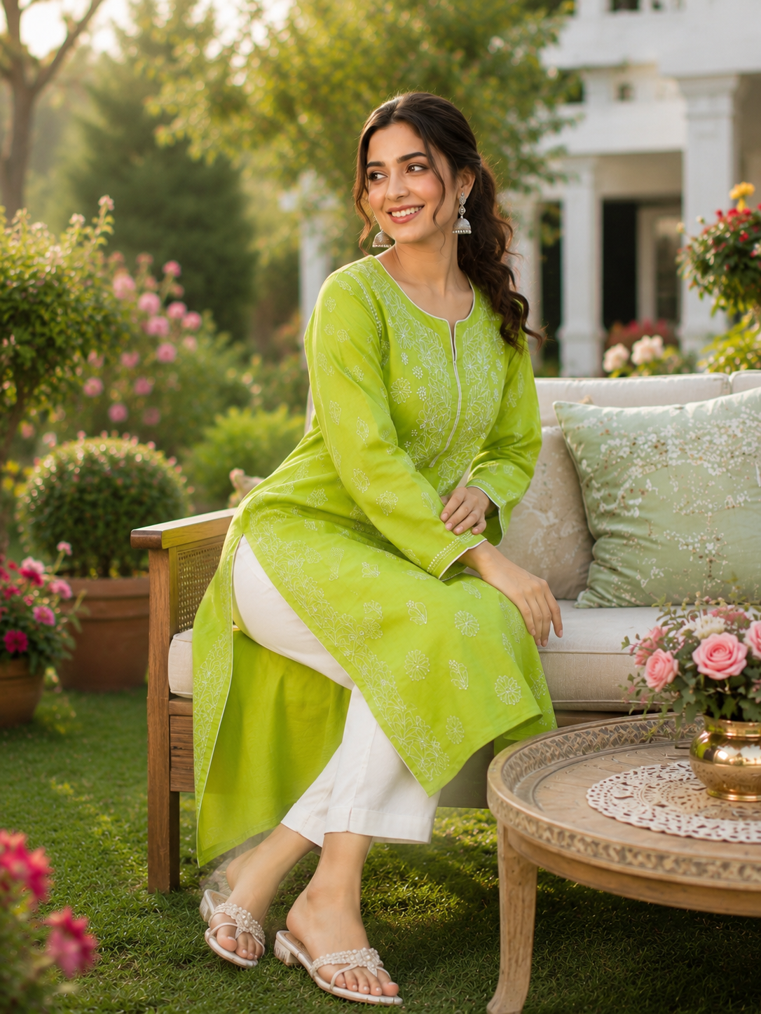 Karigiri Lime Green Chikankari Rayon Cotton Kurti for Women