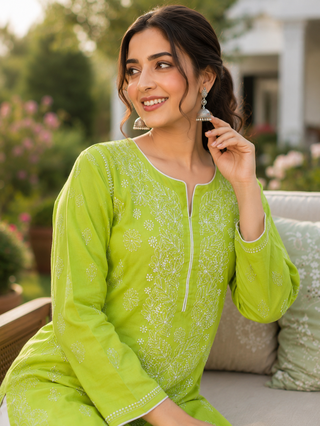 Karigiri Lime Green Chikankari Rayon Cotton Kurti for Women
