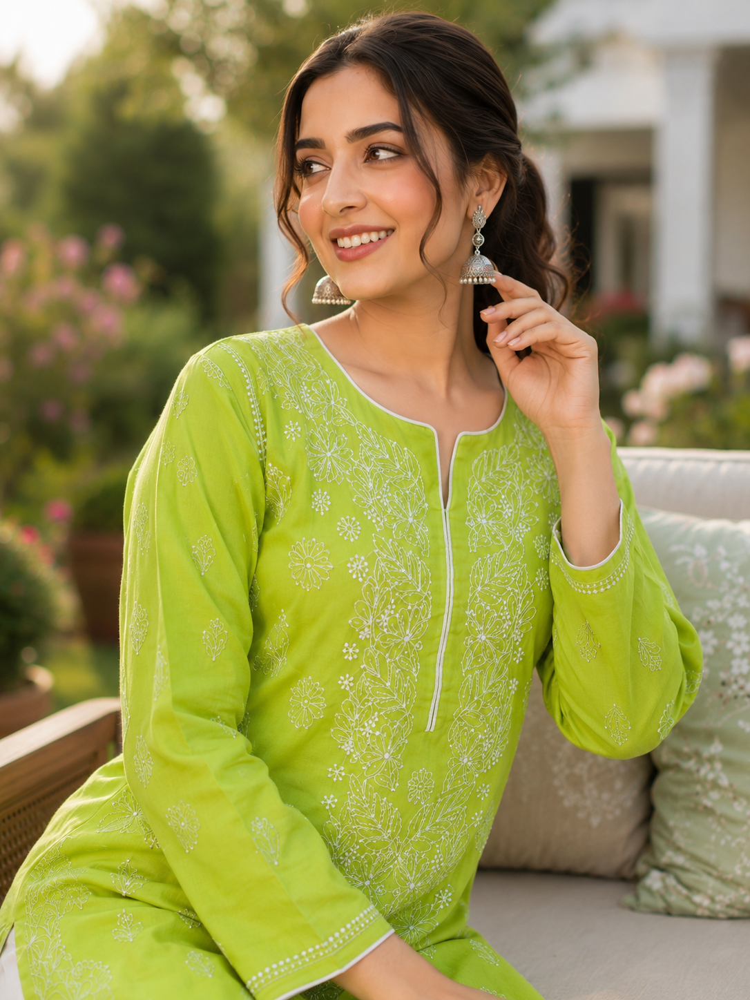 Karigiri Lime Green Chikankari Rayon Cotton Kurti for Women
