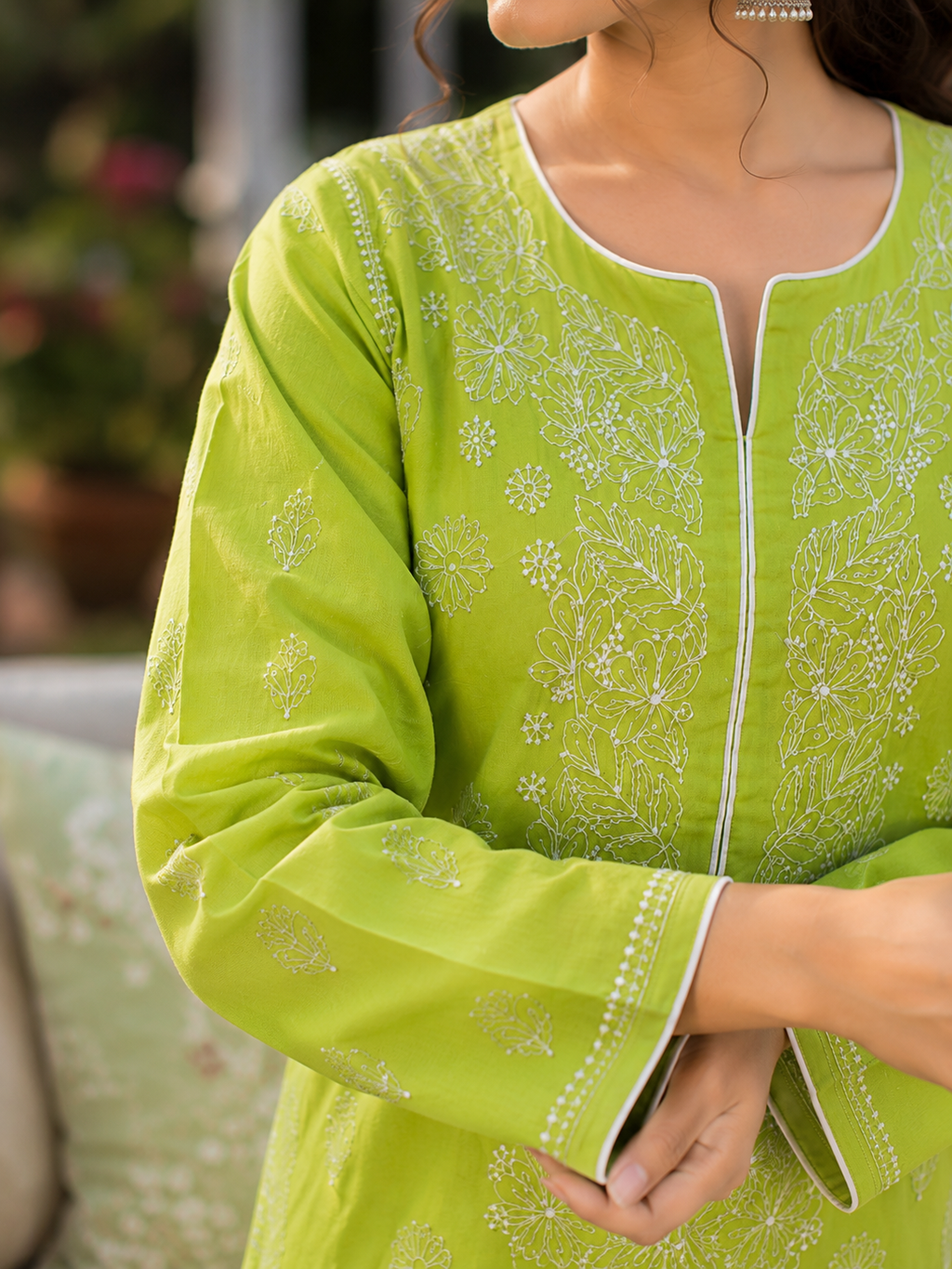 Karigiri Lime Green Chikankari Rayon Cotton Kurti for Women