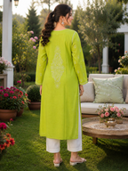 Karigiri Lime Green Chikankari Rayon Cotton Kurti for Women