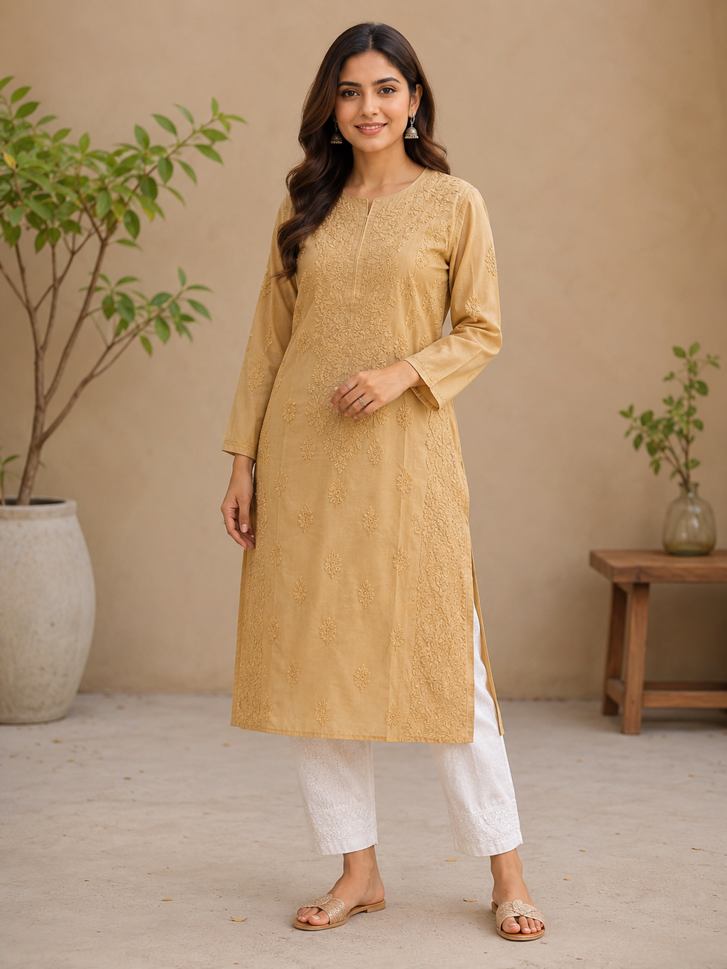 Karigiri Mustard Gold Hand Embroidered Chikankari Rayon Cotton Kurti Women