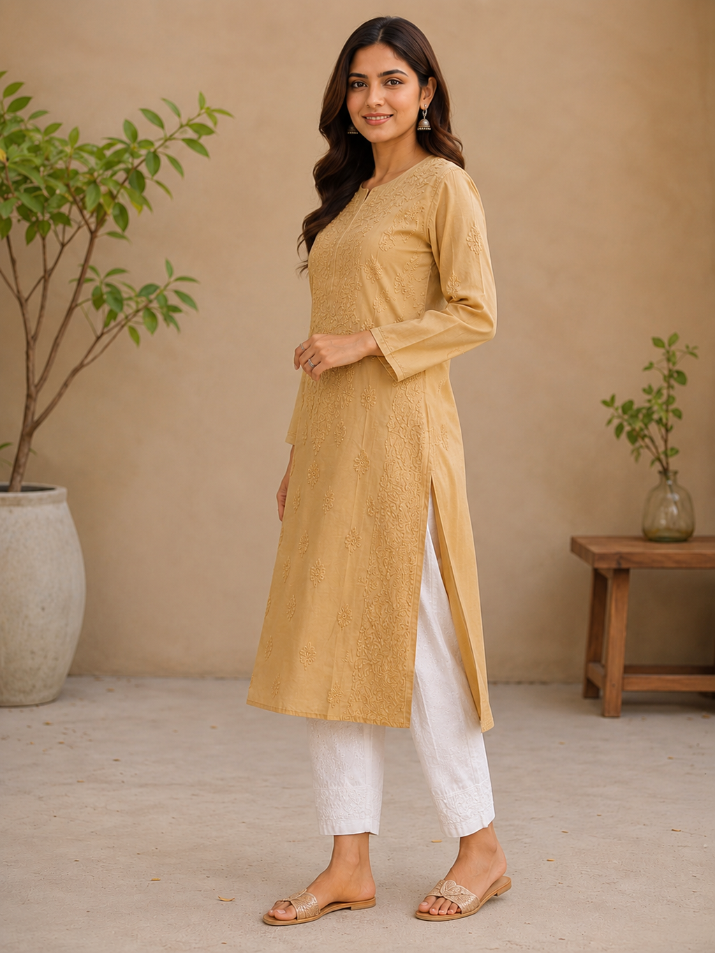 Karigiri Mustard Gold Hand Embroidered Chikankari Rayon Cotton Kurti Women