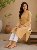 Karigiri Mustard Gold Hand Embroidered Chikankari Rayon Cotton Kurti Women