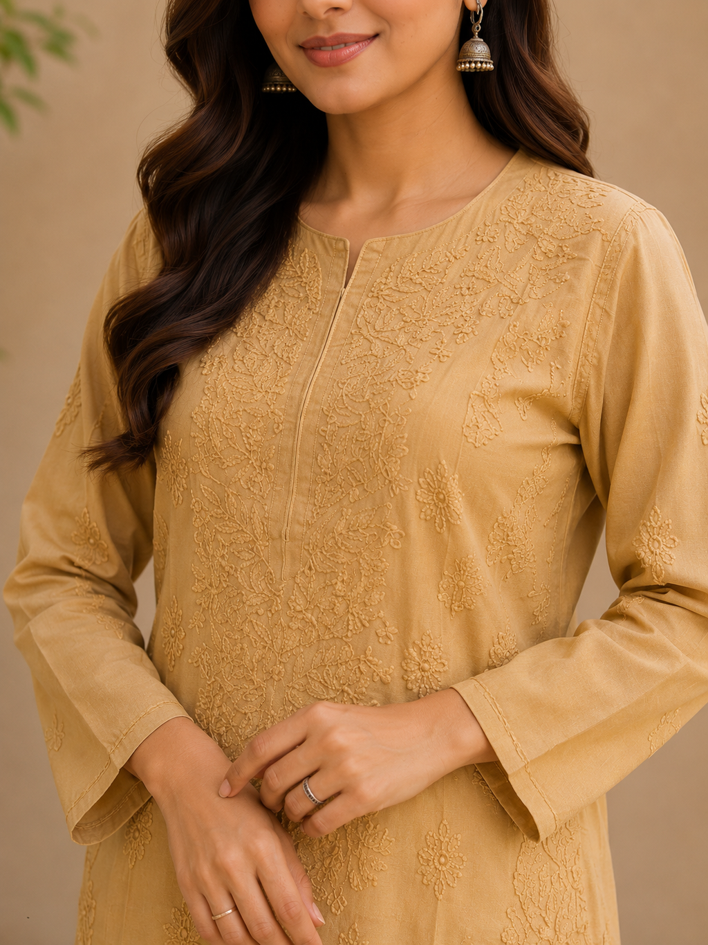 Karigiri Mustard Gold Hand Embroidered Chikankari Rayon Cotton Kurti Women