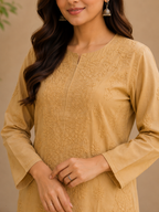 Karigiri Mustard Gold Hand Embroidered Chikankari Rayon Cotton Kurti Women