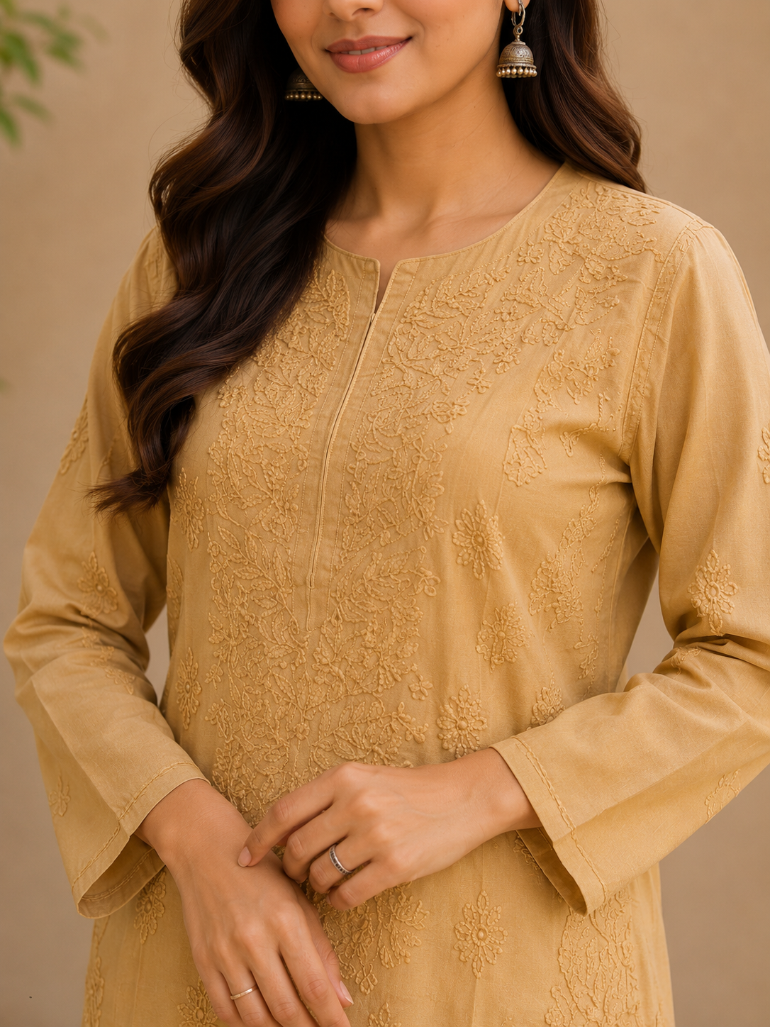 Karigiri Mustard Gold Hand Embroidered Chikankari Rayon Cotton Kurti Women