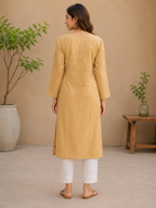 Karigiri Mustard Gold Hand Embroidered Chikankari Rayon Cotton Kurti Women