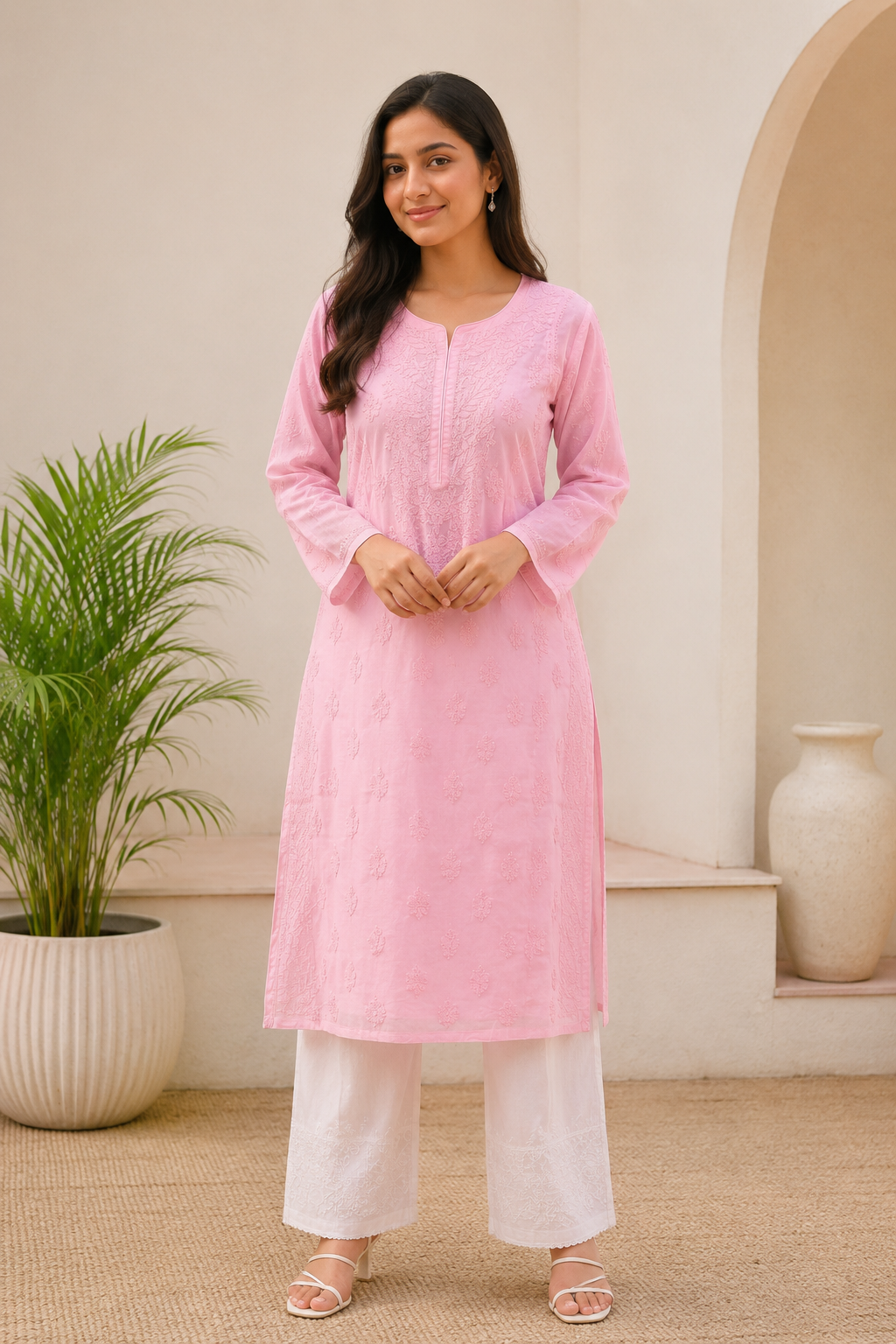 Karigiri Pink Chikankari Rayon Cotton Kurti Women
