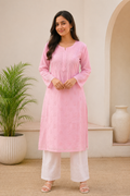 Karigiri Pink Chikankari Rayon Cotton Kurti Women