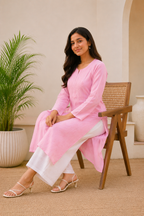 Karigiri Pink Chikankari Rayon Cotton Kurti Women