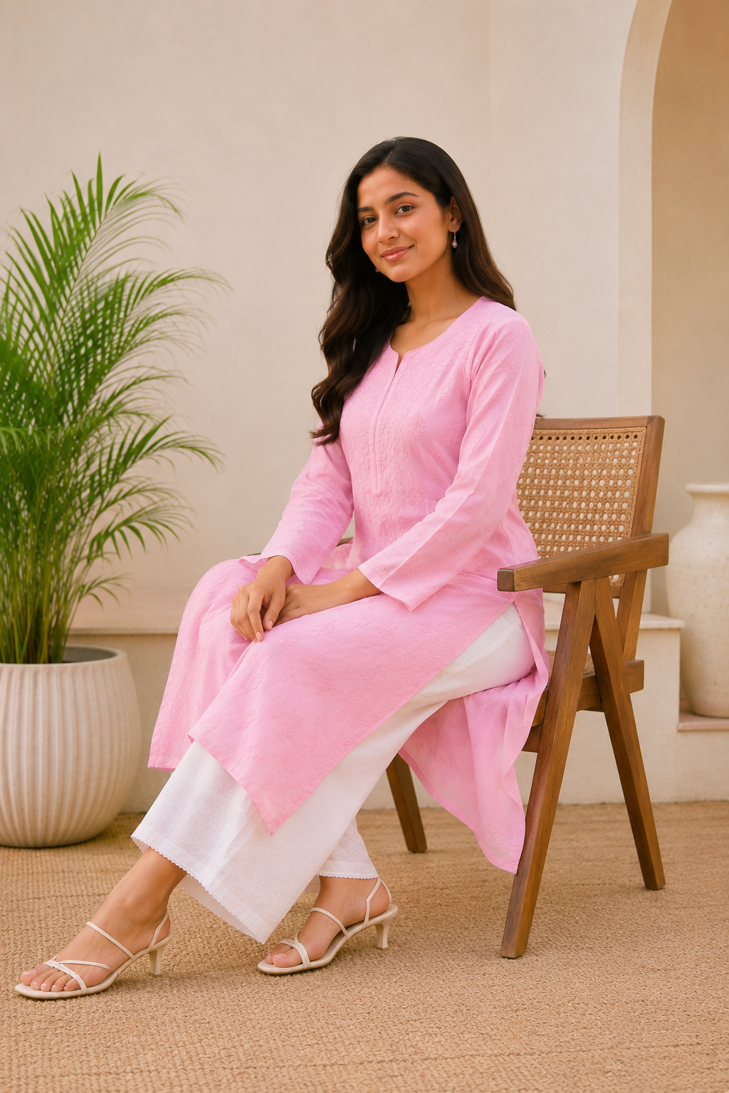 Karigiri Pink Chikankari Rayon Cotton Kurti Women
