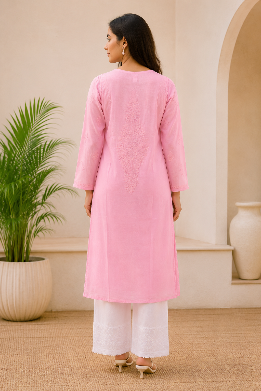 Karigiri Pink Chikankari Rayon Cotton Kurti Women