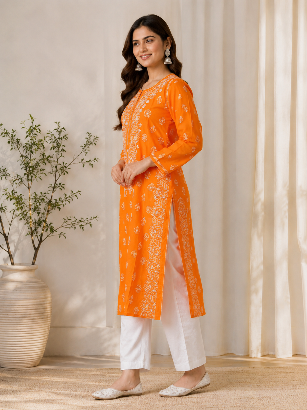 Karigiri Orange Chikankari Rayon Cotton Kurti Women