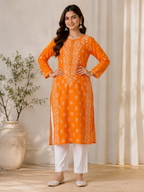 Karigiri Orange Chikankari Rayon Cotton Kurti Women