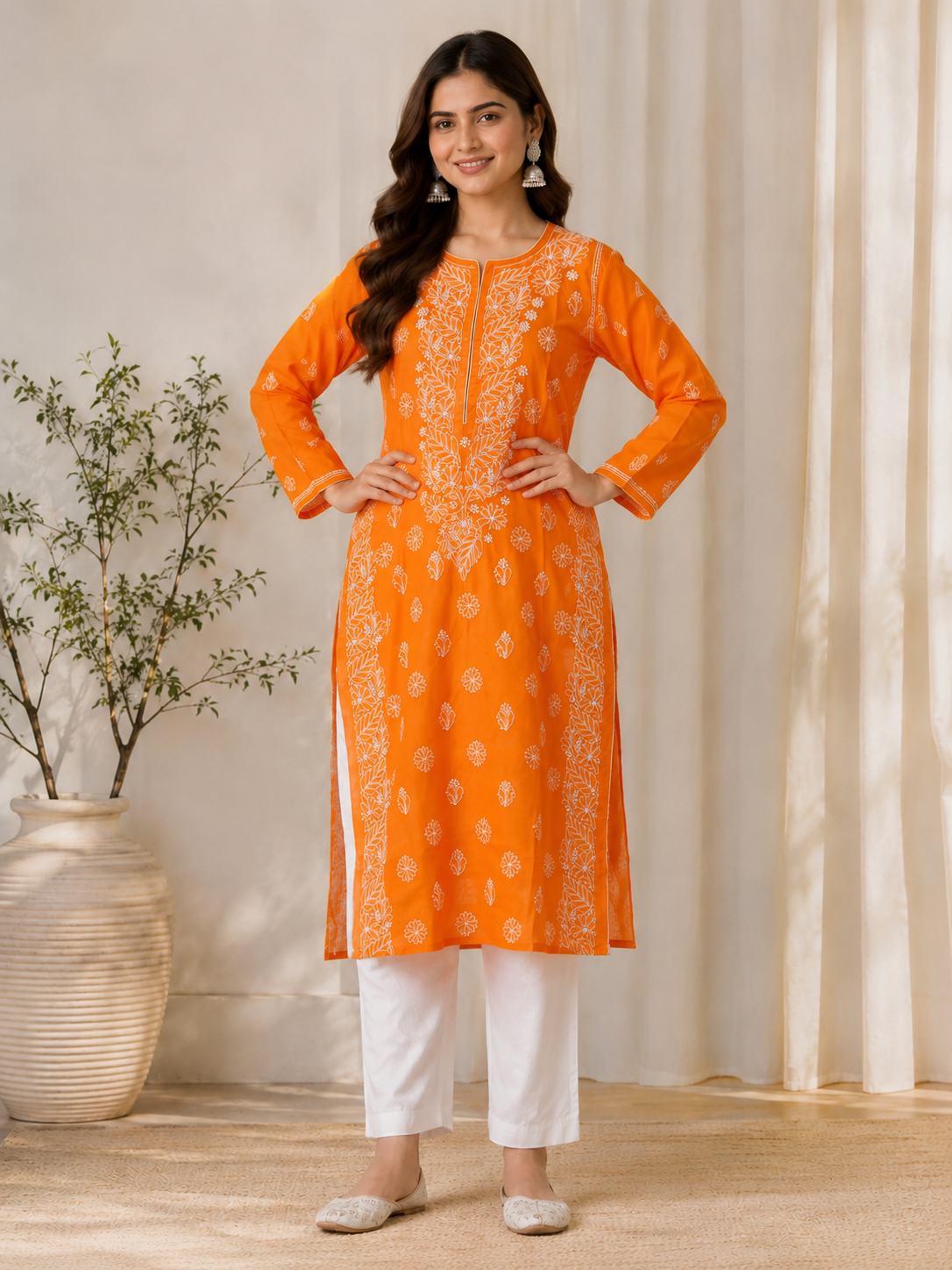 Karigiri Orange Chikankari Rayon Cotton Kurti Women