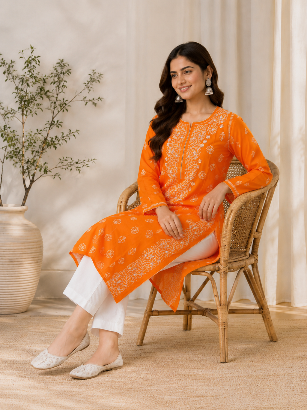 Karigiri Orange Chikankari Rayon Cotton Kurti Women