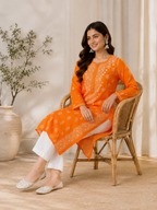 Karigiri Orange Chikankari Rayon Cotton Kurti Women