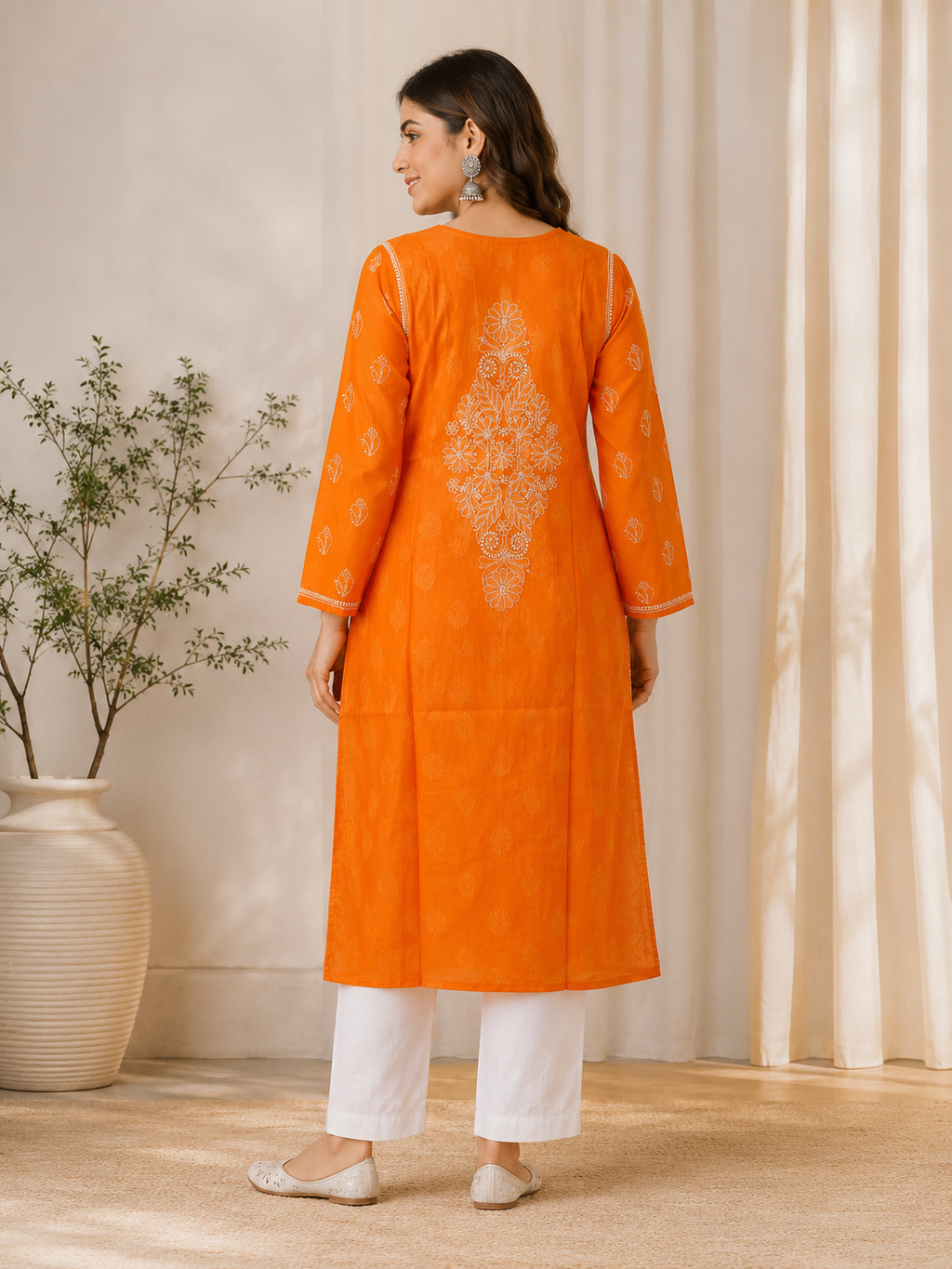 Karigiri Orange Chikankari Rayon Cotton Kurti Women