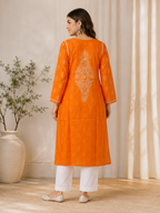 Karigiri Orange Chikankari Rayon Cotton Kurti Women