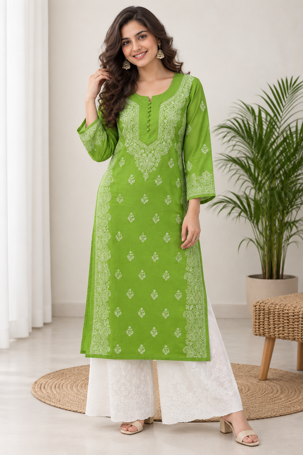 Karigiri Lime Green Pure Cotton Chikankari Kurti_KF0119