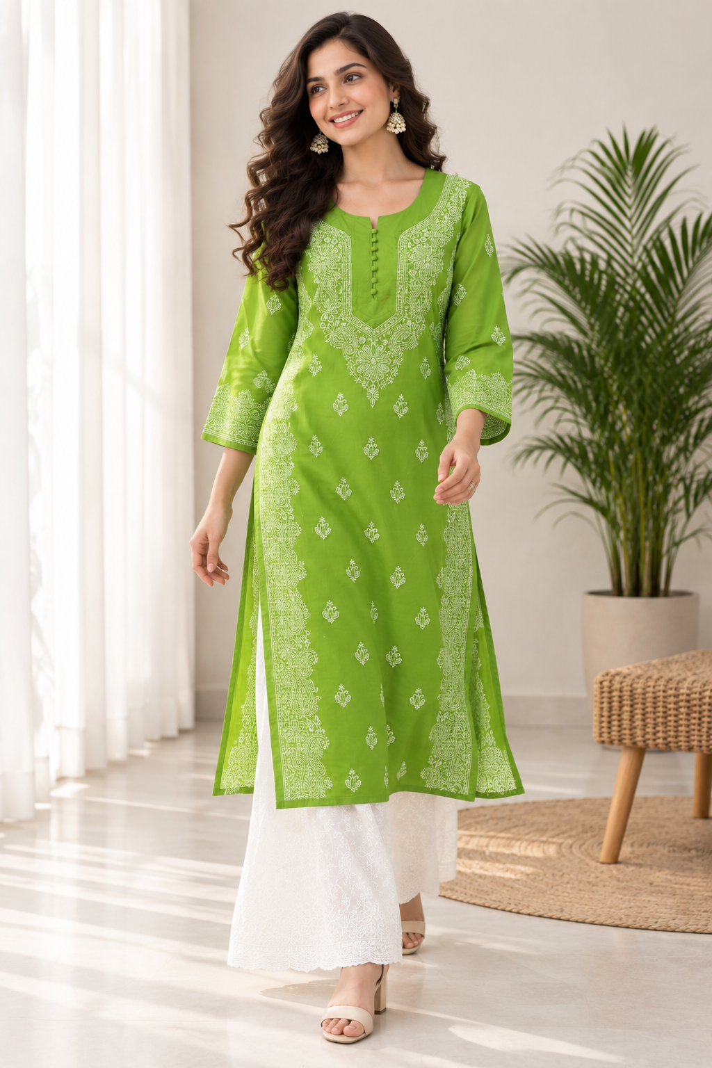 Karigiri Lime Green Pure Cotton Chikankari Kurti_KF0119