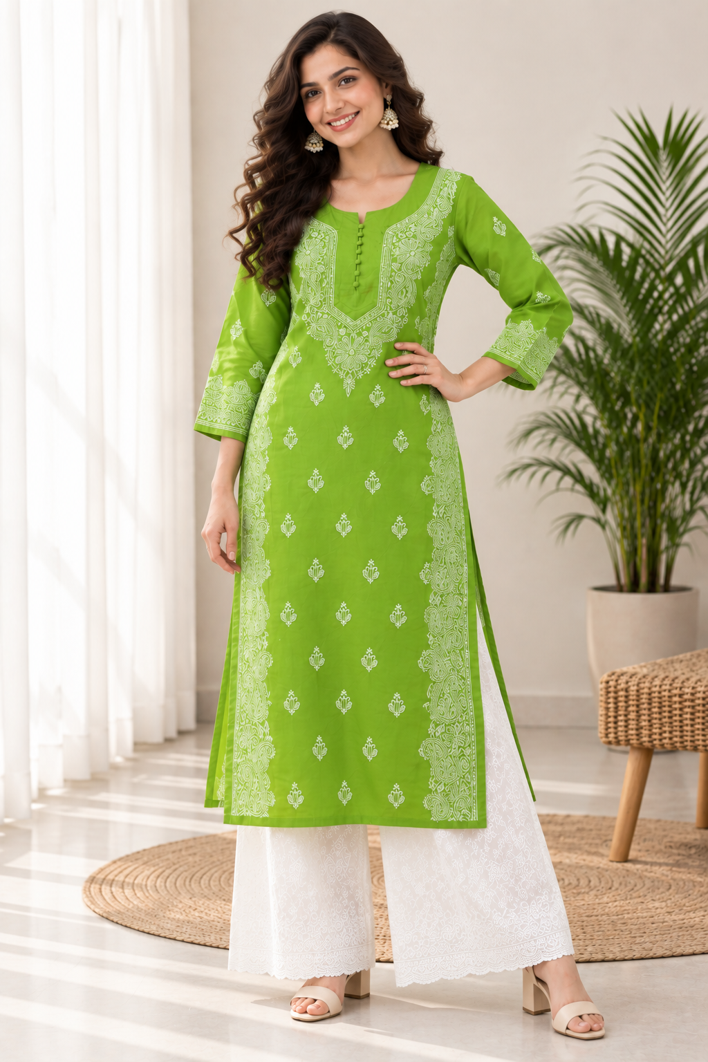 Karigiri Lime Green Pure Cotton Chikankari Kurti_KF0119