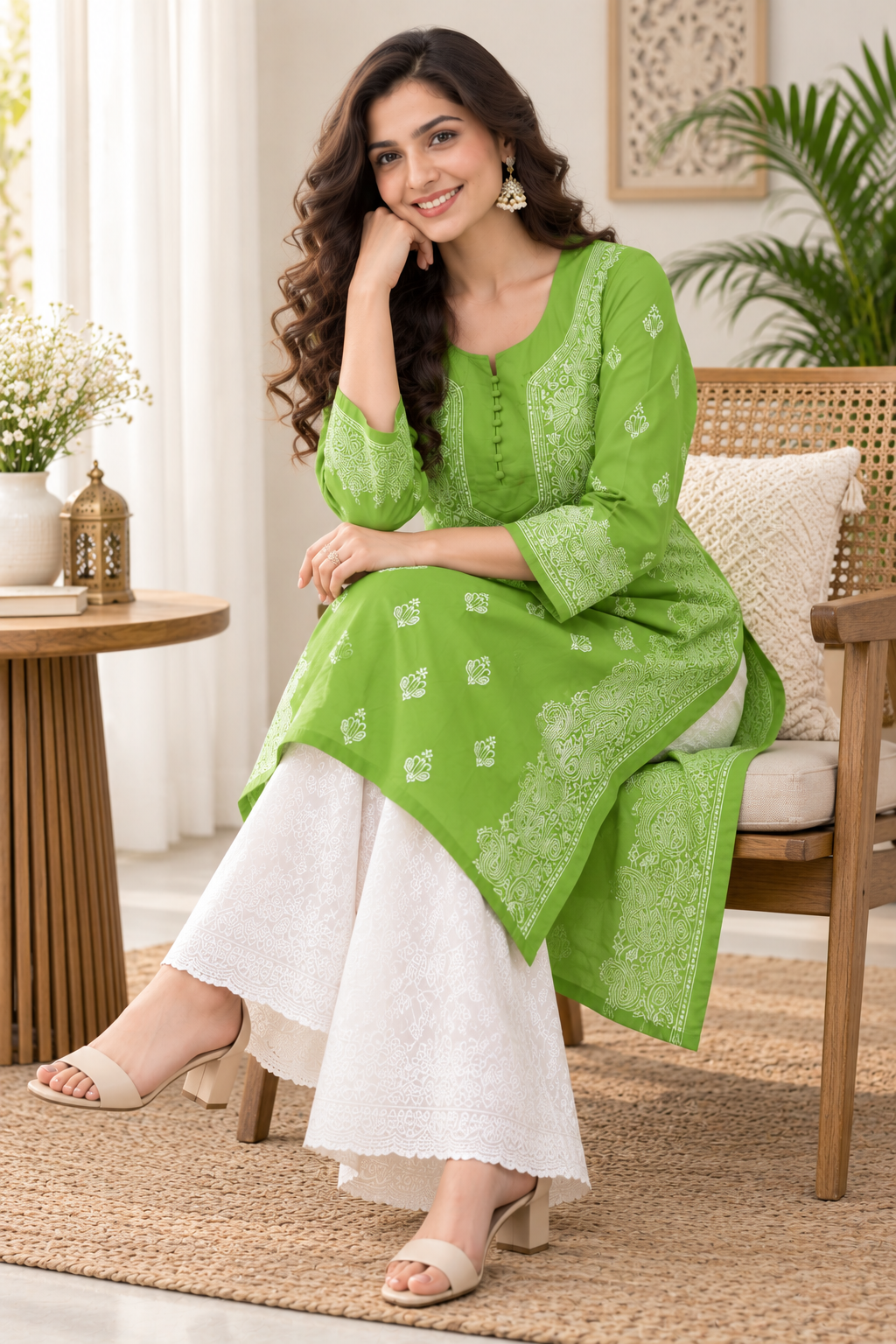 Karigiri Lime Green Pure Cotton Chikankari Kurti_KF0119