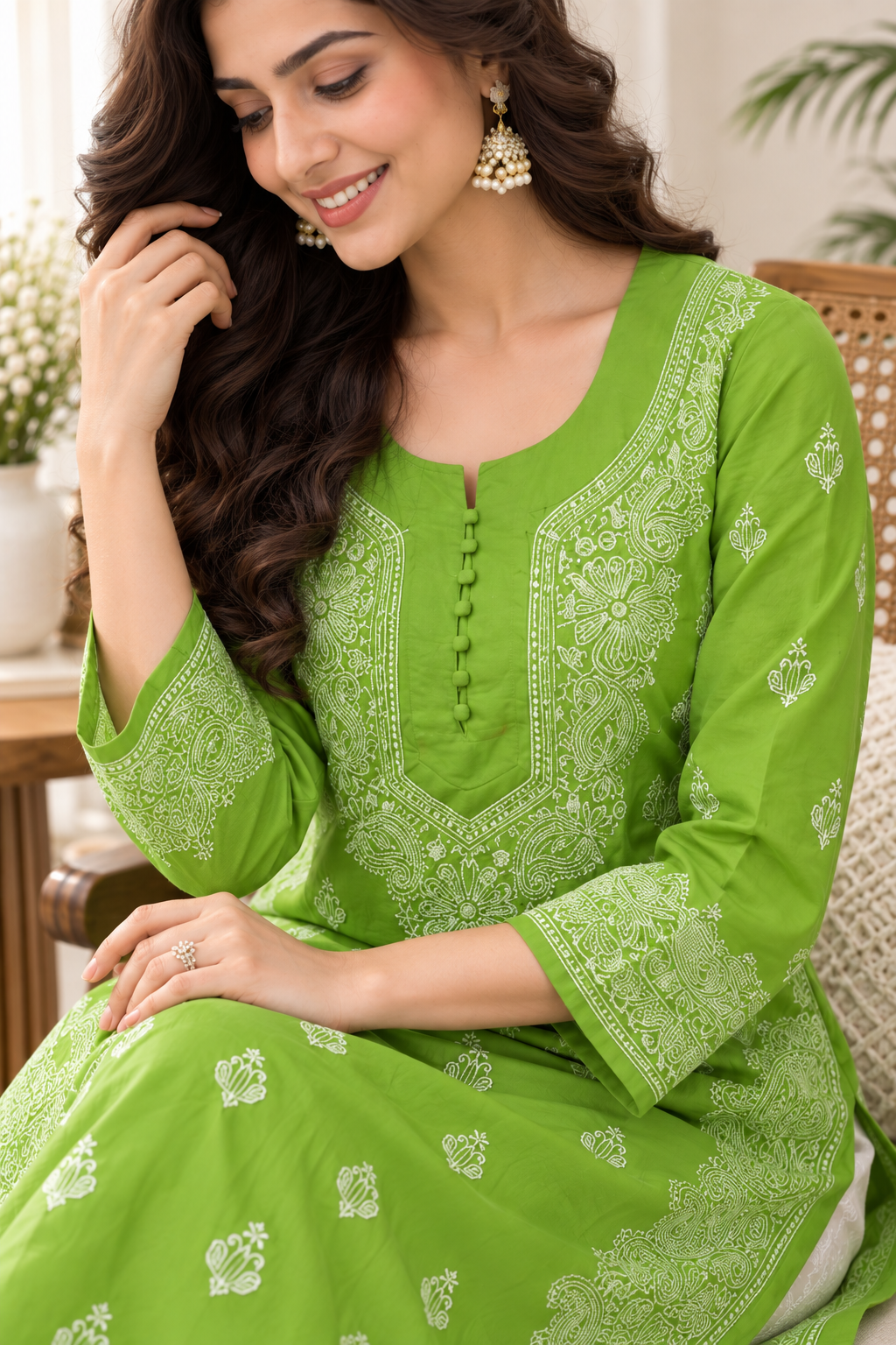 Karigiri Lime Green Pure Cotton Chikankari Kurti_KF0119